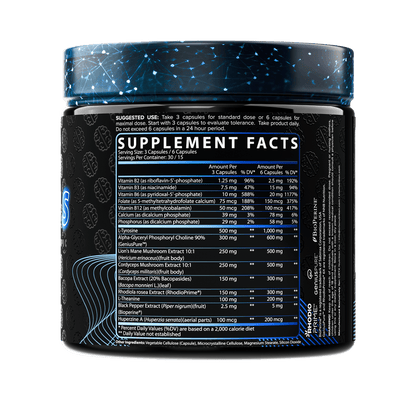 Label showcasing supplement facts, including ingredients and dosages, on a black container with a blue geometric design.